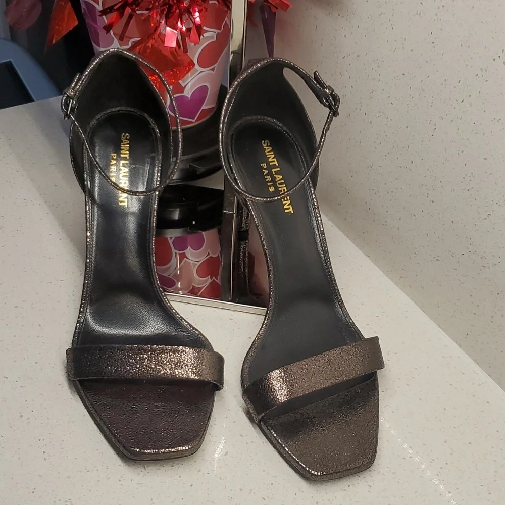 YSL shiny black-silver heeled sandals (sz 40) - Picture 2 of 11